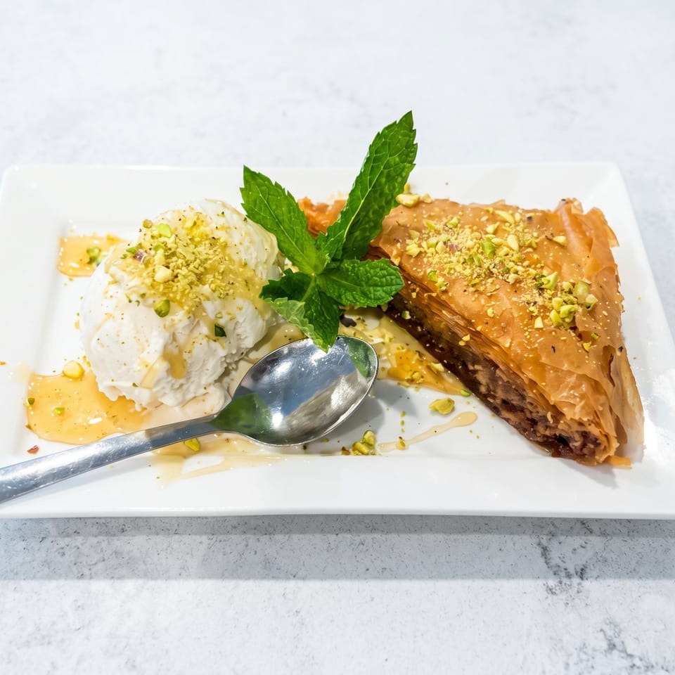 A slice of baklava with a scoop of vanilla ice cream, drizzled with honey and pistachios.